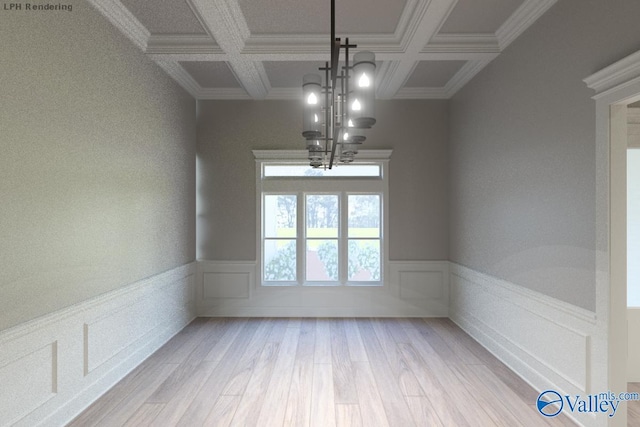 MCKINLEY-A1 Capshaw Rd, Athens, AL 35613 - unfurnished dining area with coffered ceiling, a chandelier, crown molding, wood finished floors, and wainscoting