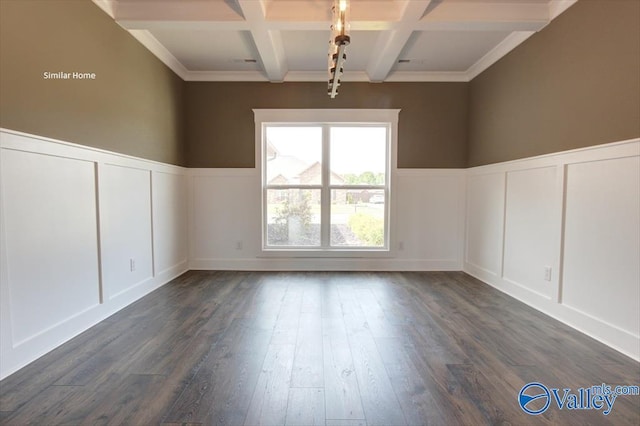 MCKINLEY-A1 Capshaw Rd, Athens, AL 35613 - spare room featuring a decorative wall, coffered ceiling, beam ceiling, dark wood-type flooring, and a wainscoted wall