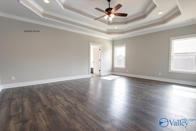 MCKINLEY-A1 Capshaw Rd, Athens, AL 35613 - spare room with a tray ceiling, a ceiling fan, ornamental molding, dark wood-type flooring, and baseboards