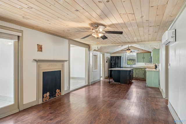 unfurnished living room featuring ceiling fan, wooden ceiling, a wall mounted air conditioner, dark hardwood / wood-style floors, and vaulted ceiling