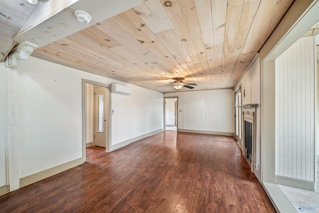 unfurnished living room featuring wood ceiling, dark wood-type flooring, and a wall unit AC