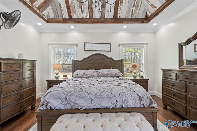 bedroom featuring dark wood-style flooring, multiple windows, and baseboards