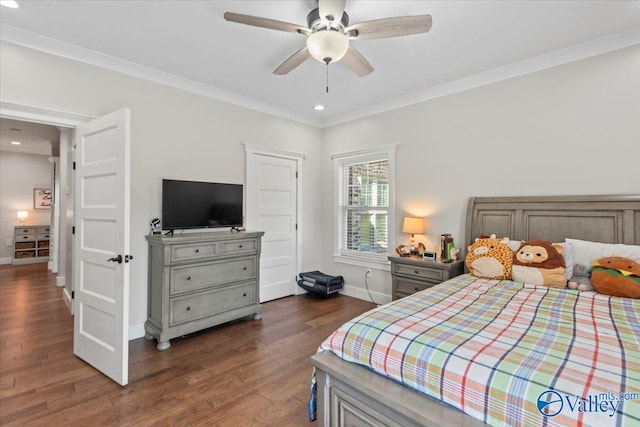 bedroom featuring dark wood finished floors, recessed lighting, ornamental molding, a ceiling fan, and baseboards