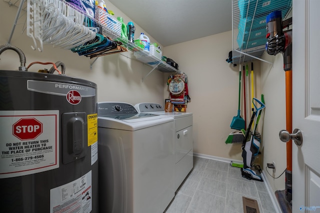 laundry room featuring electric water heater and washing machine and dryer