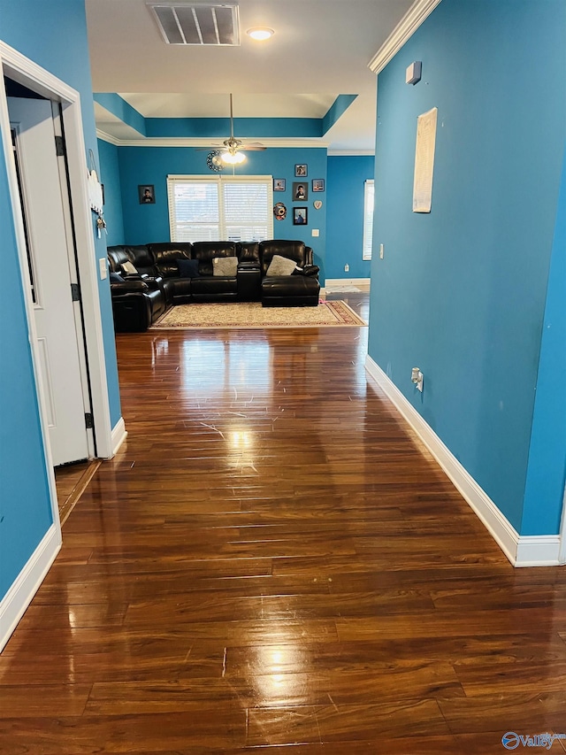 hallway with a raised ceiling and dark hardwood / wood-style flooring