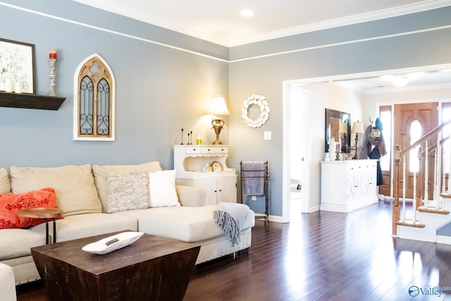 1508 Berrivine Dr, Hartselle, AL 35640 - living room with dark wood-style flooring, ornamental molding, baseboards, and stairs