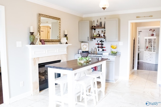 1508 Berrivine Dr, Hartselle, AL 35640 - bar with crown molding, baseboards, and a fireplace