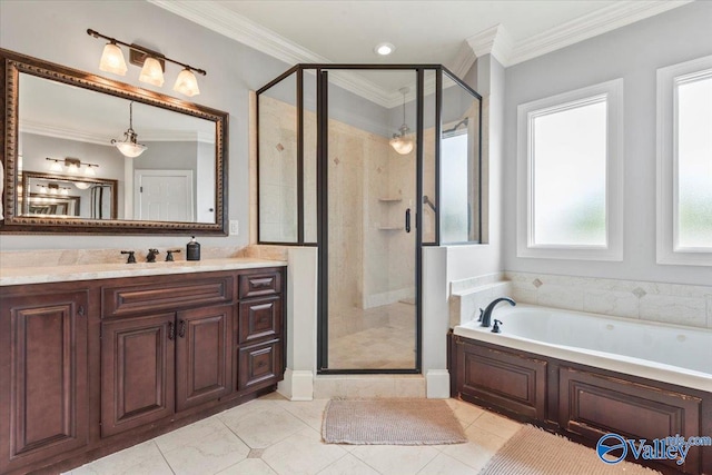 bathroom with vanity, tile patterned floors, ornamental molding, and separate shower and tub