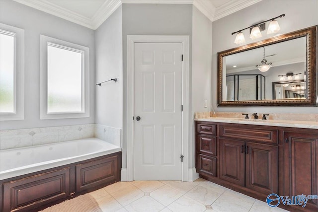 bathroom featuring vanity, ornamental molding, and independent shower and bath