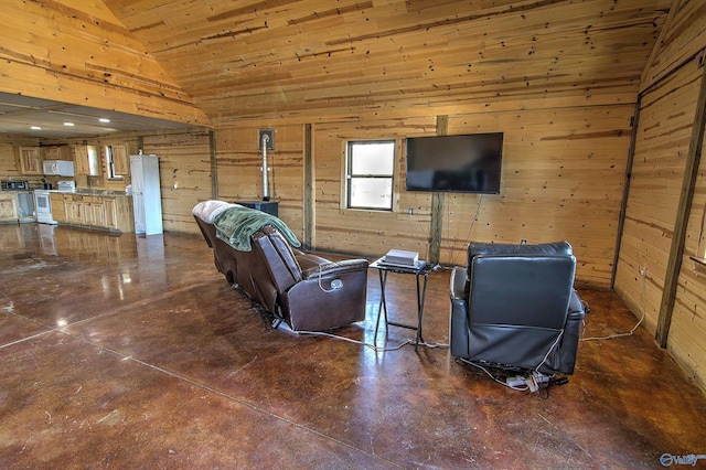 living room with wood ceiling, high vaulted ceiling, and wood walls