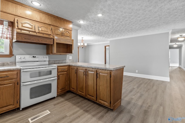 kitchen with white electric stove, a textured ceiling, kitchen peninsula, and light wood-type flooring