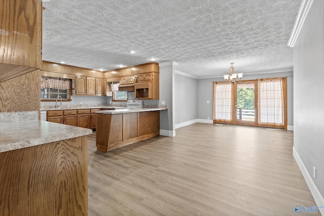 kitchen with kitchen peninsula, light hardwood / wood-style flooring, a textured ceiling, and crown molding