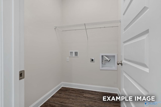 clothes washing area with electric dryer hookup, dark hardwood / wood-style floors, and washer hookup