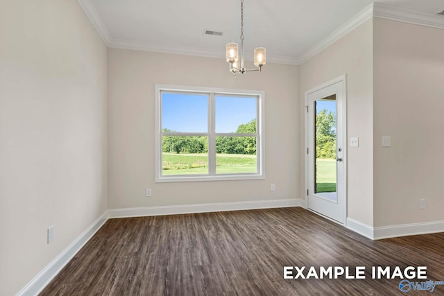 interior space featuring crown molding, dark hardwood / wood-style flooring, and an inviting chandelier