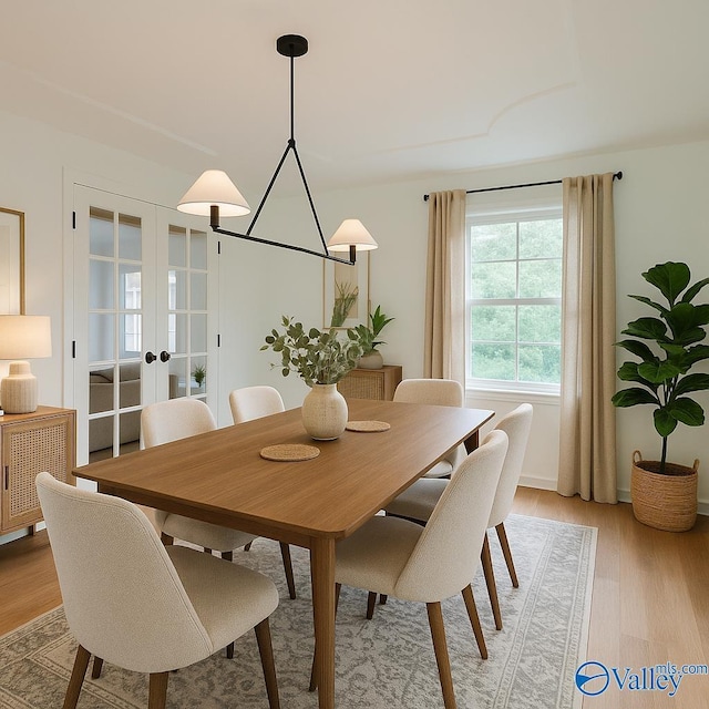 dining space with radiator heating unit, light wood-style flooring, and french doors