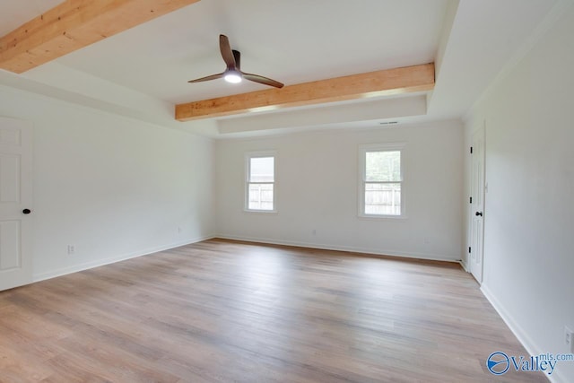 spare room featuring a ceiling fan, light wood finished floors, and beamed ceiling