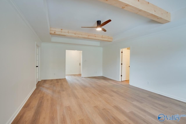 empty room with beam ceiling, baseboards, a ceiling fan, and light wood finished floors