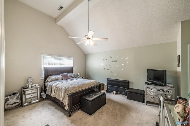 106 Spinnaker Ridge Dr, Huntsville, AL 35824 - bedroom with vaulted ceiling with beams, a ceiling fan, visible vents, and light carpet