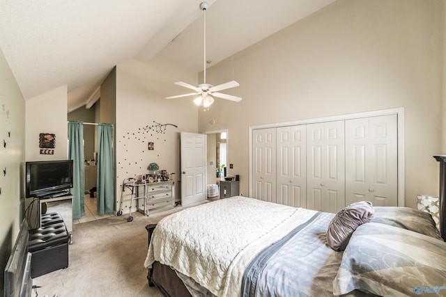 106 Spinnaker Ridge Dr, Huntsville, AL 35824 - bedroom featuring a closet, beam ceiling, light carpet, ceiling fan, and high vaulted ceiling