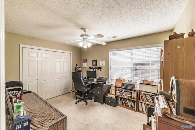 106 Spinnaker Ridge Dr, Huntsville, AL 35824 - office area featuring carpet flooring, a textured ceiling, ceiling fan, and visible vents