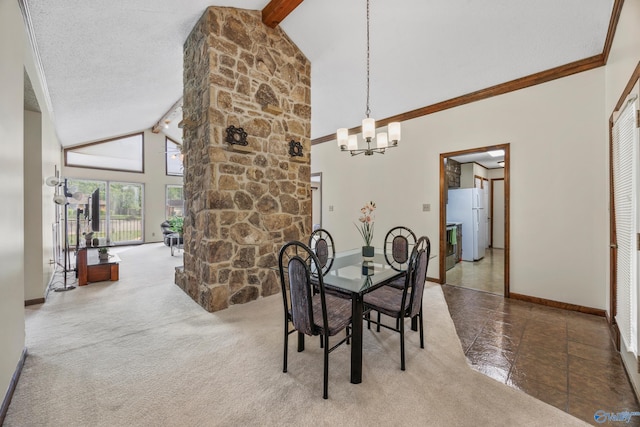 2009 Rangewood Cir, Huntsville, AL 35803 - dining room featuring a chandelier, high vaulted ceiling, beam ceiling, baseboards, and ornamental molding