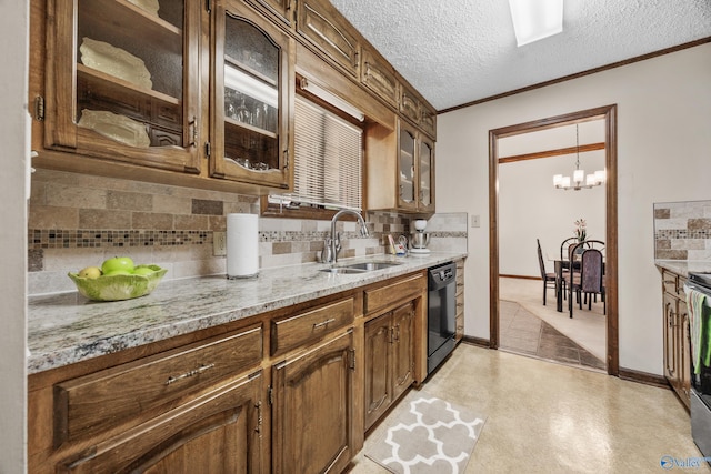 2009 Rangewood Cir, Huntsville, AL 35803 - kitchen with a sink, dishwasher, decorative backsplash, glass insert cabinets, and light stone countertops