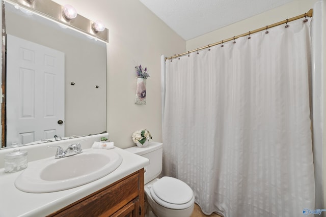 2009 Rangewood Cir, Huntsville, AL 35803 - bathroom with vanity, toilet, a textured ceiling, and a shower with shower curtain