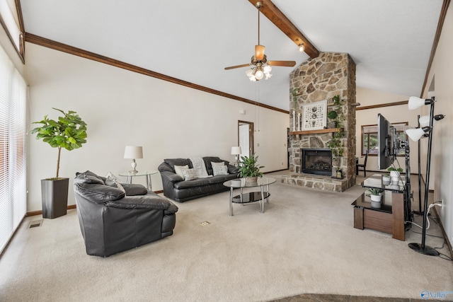 2009 Rangewood Cir, Huntsville, AL 35803 - living room featuring carpet flooring, a ceiling fan, beamed ceiling, a stone fireplace, and high vaulted ceiling