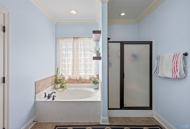 bathroom with crown molding and plus walk in shower