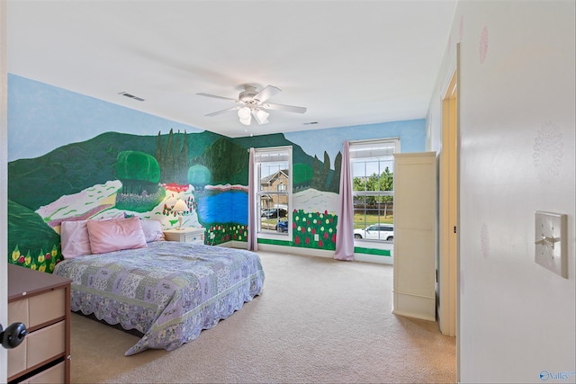 carpeted bedroom with ceiling fan