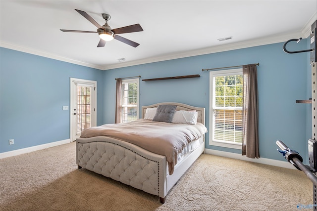 bedroom featuring ceiling fan, ornamental molding, access to exterior, and light carpet