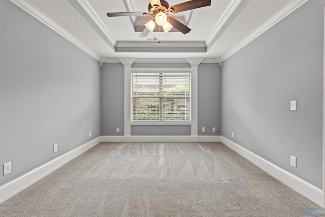 18226 Whitetail Ln, Athens, AL 35613 - spare room featuring a tray ceiling, ornamental molding, a ceiling fan, carpet floors, and baseboards