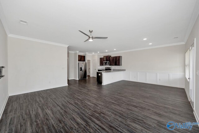 6032 Barringer Ct, Huntsville, AL 35806 - unfurnished living room with dark wood-style floors, visible vents, a ceiling fan, and ornamental molding