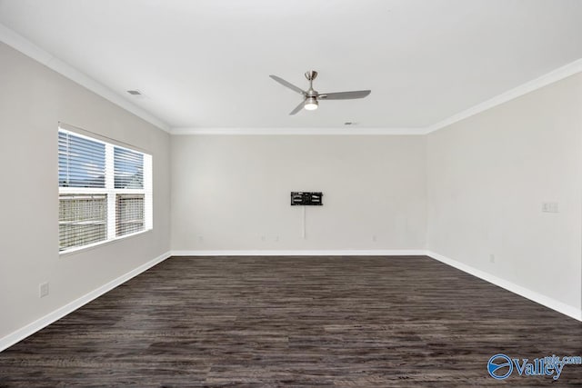 6032 Barringer Ct, Huntsville, AL 35806 - empty room featuring dark wood-style flooring, baseboards, crown molding, and a ceiling fan