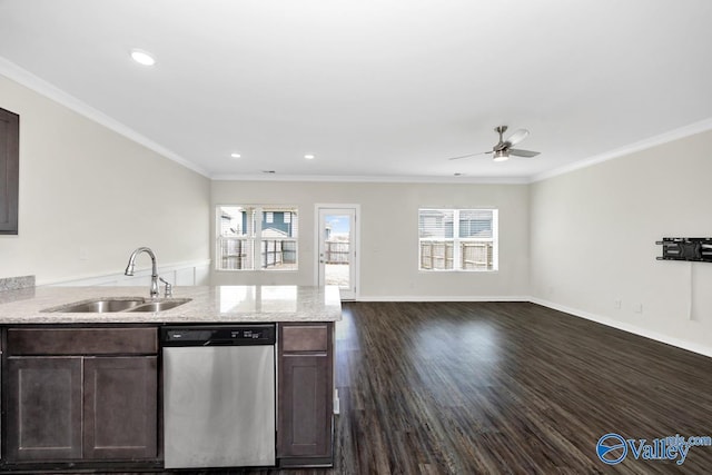 6032 Barringer Ct, Huntsville, AL 35806 - kitchen featuring dishwasher, a sink, ceiling fan, a peninsula, and dark brown cabinetry