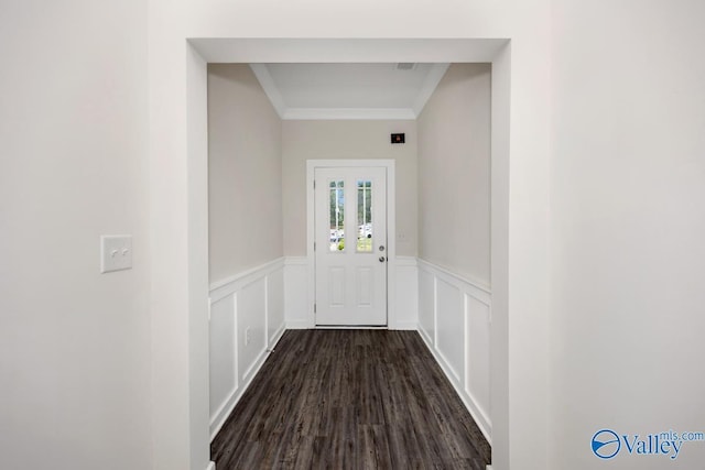 6032 Barringer Ct, Huntsville, AL 35806 - doorway to outside featuring crown molding, dark wood-style flooring, and a wainscoted wall