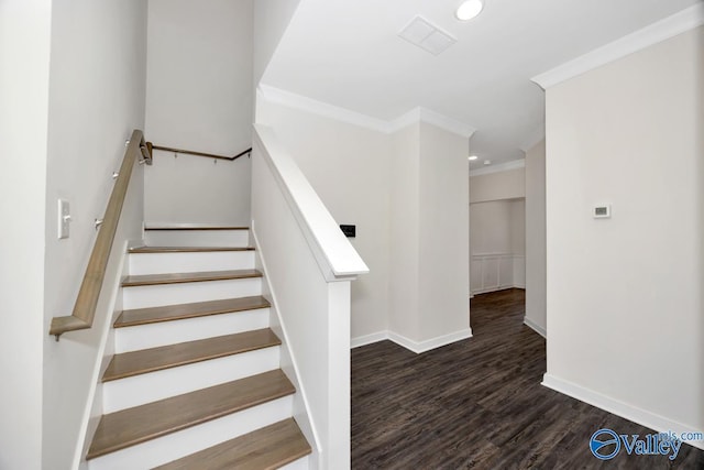 6032 Barringer Ct, Huntsville, AL 35806 - stairs featuring baseboards, recessed lighting, crown molding, visible vents, and wood finished floors