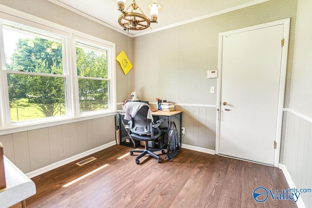 3392 Williams St, Hokes Bluff, AL 35903 - office area with a chandelier, wood finished floors, plenty of natural light, crown molding, and wainscoting