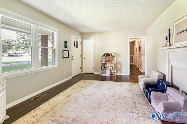 3392 Williams St, Hokes Bluff, AL 35903 - living area with a textured ceiling, dark wood-type flooring, and a fireplace