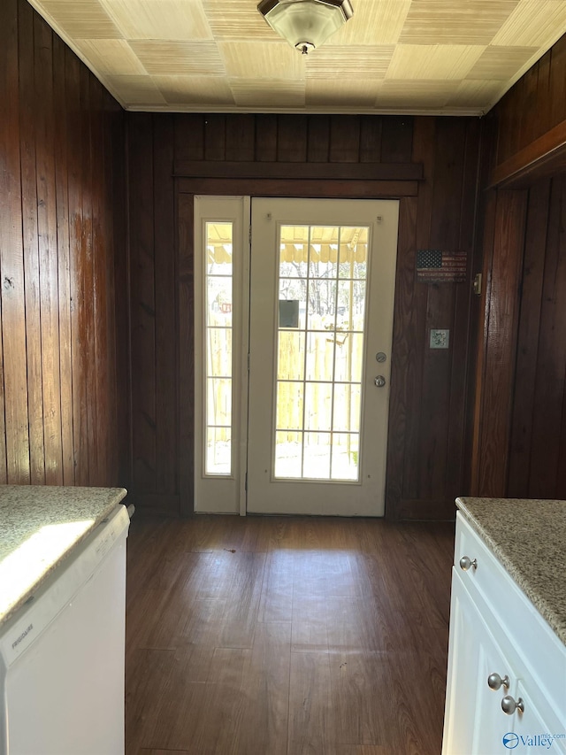 entryway featuring dark wood-type flooring and wood walls