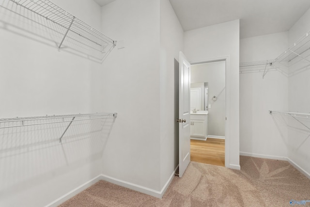 walk in closet with carpet and a sink