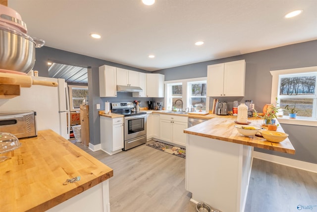 kitchen featuring wood counters, white cabinetry, stainless steel range with electric stovetop, light hardwood / wood-style floors, and kitchen peninsula