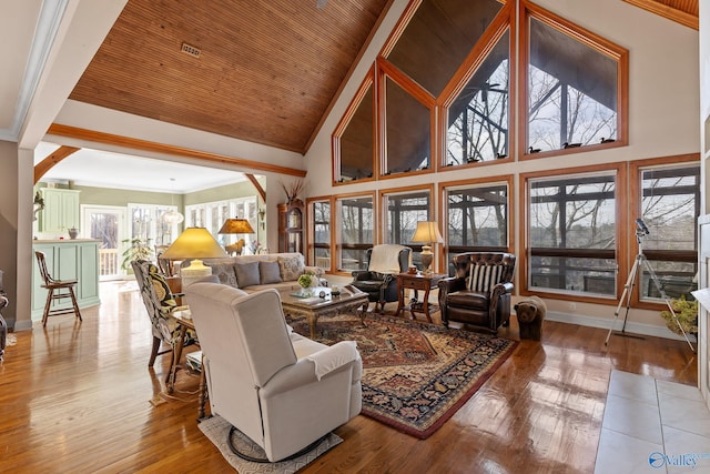 living room with wooden ceiling, high vaulted ceiling, and light wood-type flooring