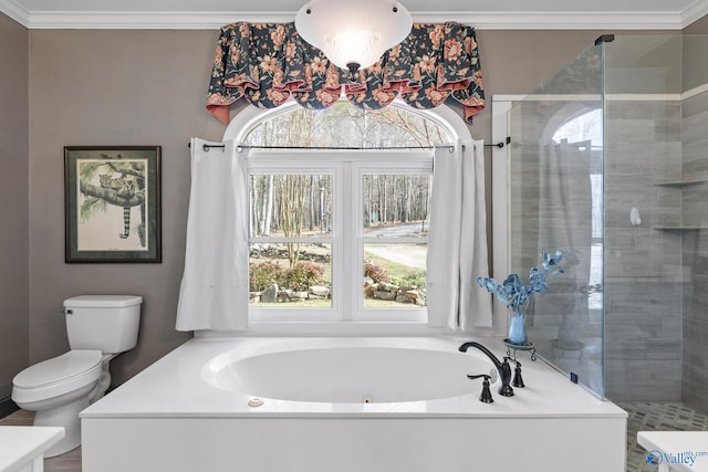 bathroom featuring ornamental molding, separate shower and tub, and toilet