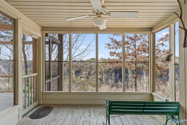 unfurnished sunroom with wooden ceiling and ceiling fan