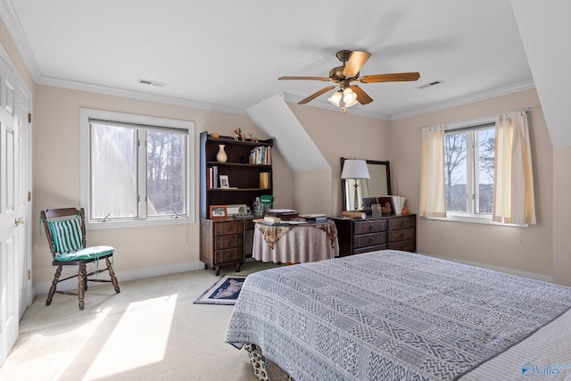 bedroom featuring crown molding, ceiling fan, and carpet