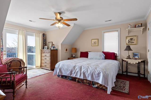 carpeted bedroom with crown molding, ceiling fan, and access to exterior