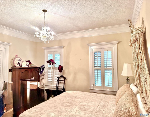 102 Jackson St, Albertville, AL 35950 - bedroom featuring a chandelier, a textured ceiling, crown molding, and multiple windows