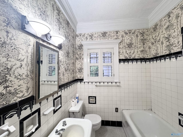102 Jackson St, Albertville, AL 35950 - bathroom with wallpapered walls, toilet, a tub, crown molding, and wainscoting