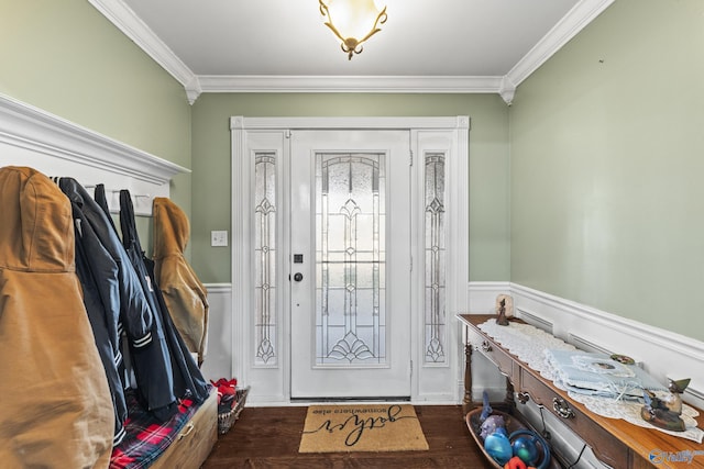 foyer featuring dark hardwood / wood-style flooring and ornamental molding